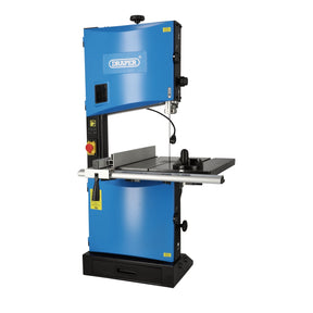 The Draper Bandsaw, 340mm, 1100W - BS340/1100D is an ideal choice for trade professionals, featuring a versatile cutting table suitable for both metal and wood. Its blue finish is complemented by adjustment knobs and a conveniently located on/off switch on the left side for ease of use.