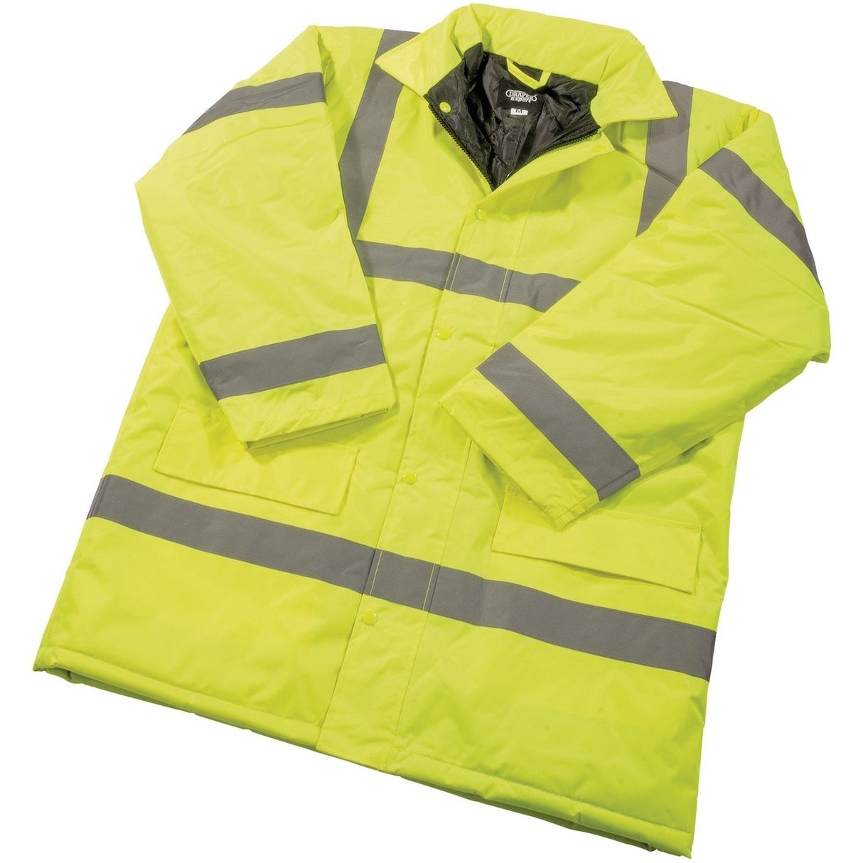 The Draper High Visibility Traffic Jacket - HVTJA/B, a bright yellow jacket with reflective grey stripes, is laid flat, showcasing its front side and highlighting its high-visibility qualities.