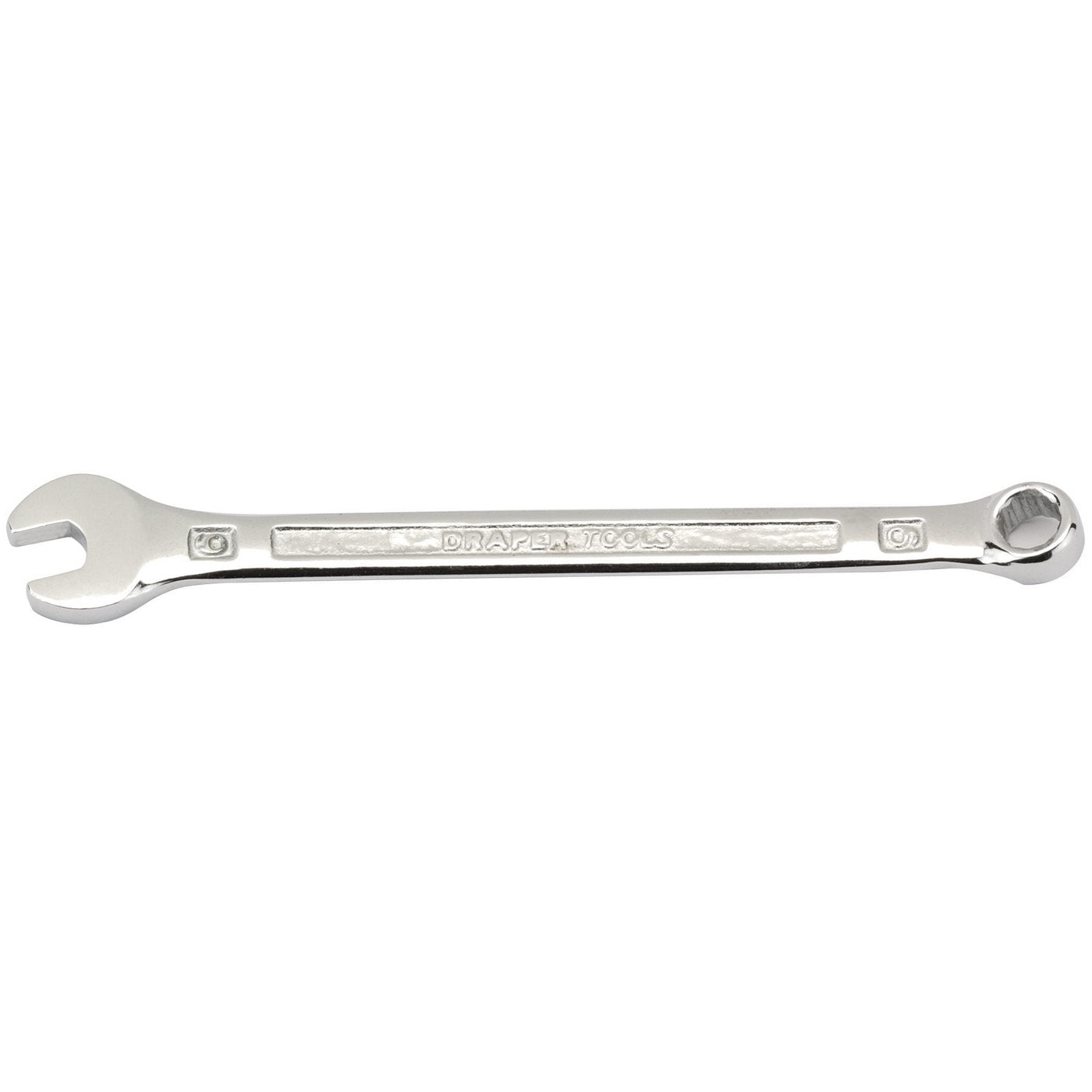 A metal combination spanner featuring an open-end on the left and a box-end on the right, crafted from durable chrome vanadium steel. The wrench, inscribed with "Draper," meets DIN3113 specifications for superior performance and reliability, available as the Draper Combination Spanner, 6mm - 8220MM.