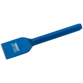 A blue Draper Mason's Bolster (225 X 50mm - BD4/AP), featuring an octagonal shank and a flat blade with a sturdy handle, labeled with "GRIP IT" and a safety warning compliant with BS3066.
