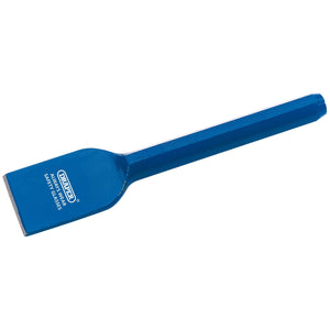 A blue Draper Mason's Bolster (225 X 50mm - BD4/AP), featuring an octagonal shank and a flat blade with a sturdy handle, labeled with "GRIP IT" and a safety warning compliant with BS3066.