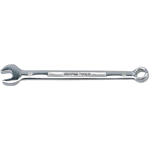 The Draper Combination Spanner, 8mm - 8220MM, crafted from chrome vanadium steel with corrosion protection, features an open-end on one side and a box-end on the other, marked "DRAPER" in the center.