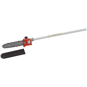 Product Description: The Draper Oregon® Pruner Attachment, 250mm - AGTP33-PCS features a red motor housing and a silver extended shaft. The blade is secured under a black protective cover lying beside it. For more information or to place an order, contact us today.