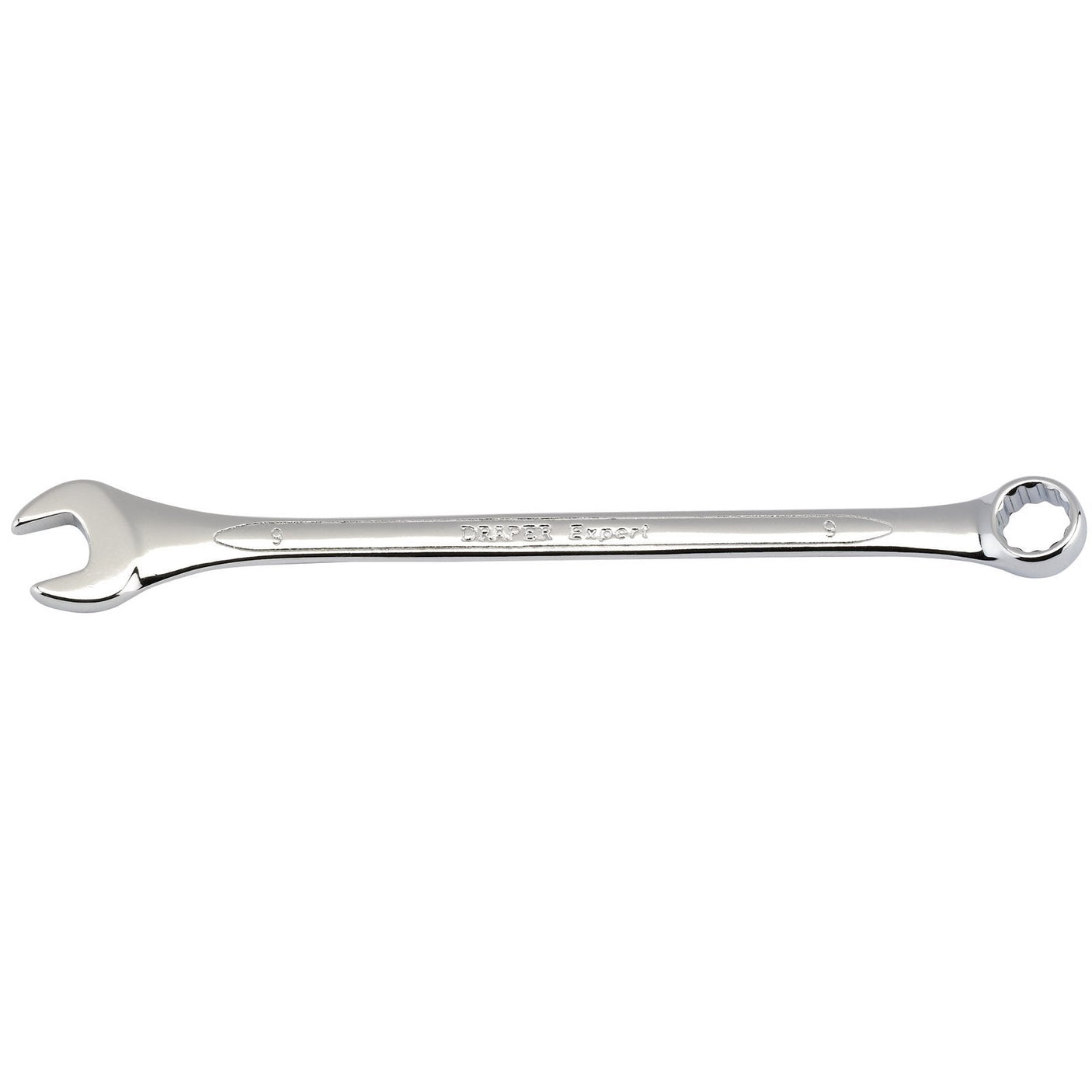 The Draper Combination Spanner, 9mm - 8220MM, crafted from chrome vanadium steel, features an open-end on one side and a box-end on the other, meeting DIN3113 specifications.