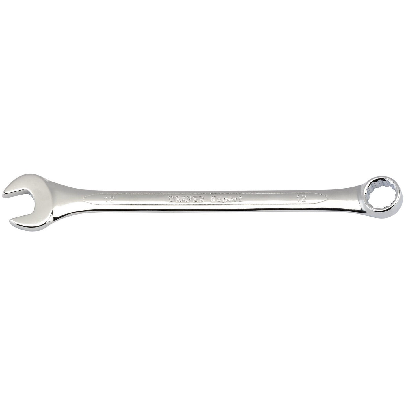 Introducing the Draper Combination Spanner, 12mm - 8220MM, a silver double-ended wrench made from chrome vanadium steel. It features an open-end on one side and a box-end on the other side, with Draper HI-TORQ for enhanced durability and corrosion protection.