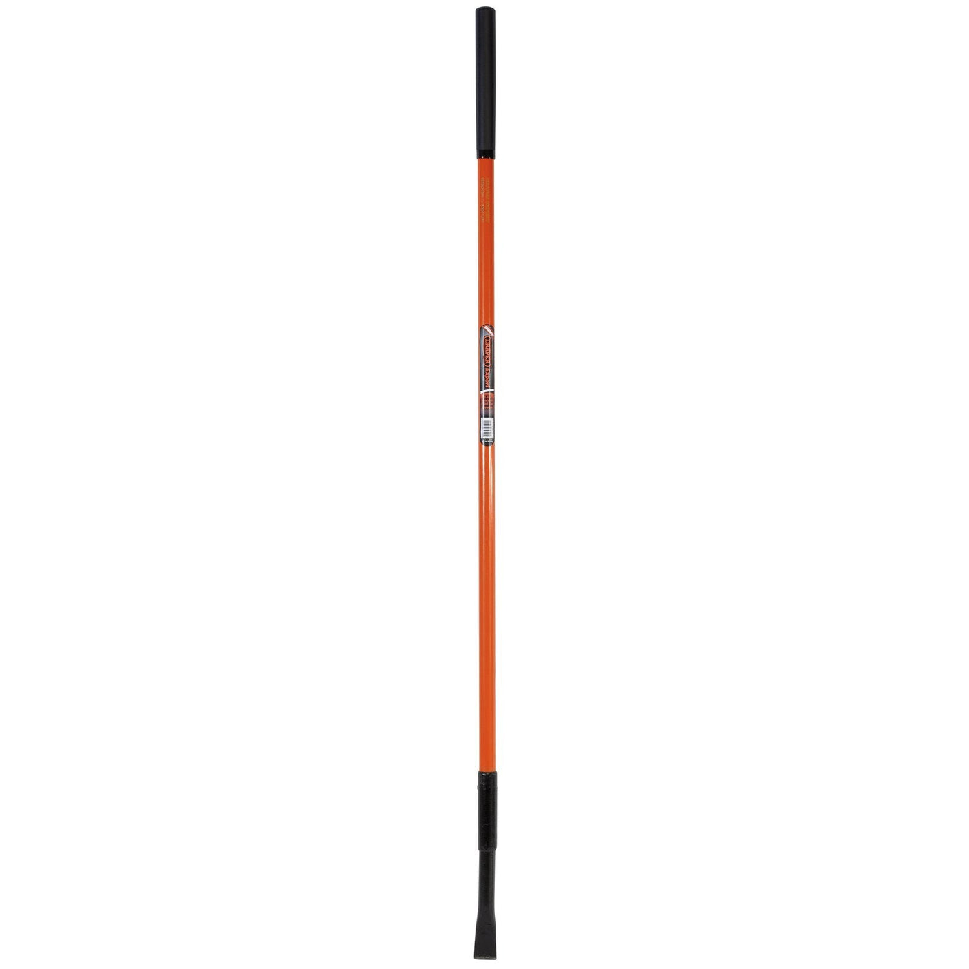 Image of the Draper Expert Fully Insulated Contractors Chisel End Crowbar - INS/CCB, a long, orange wrecking bar featuring a flat blade on one end and a rubber grip on the other, designed to meet BS8020 standards for working on live cable.