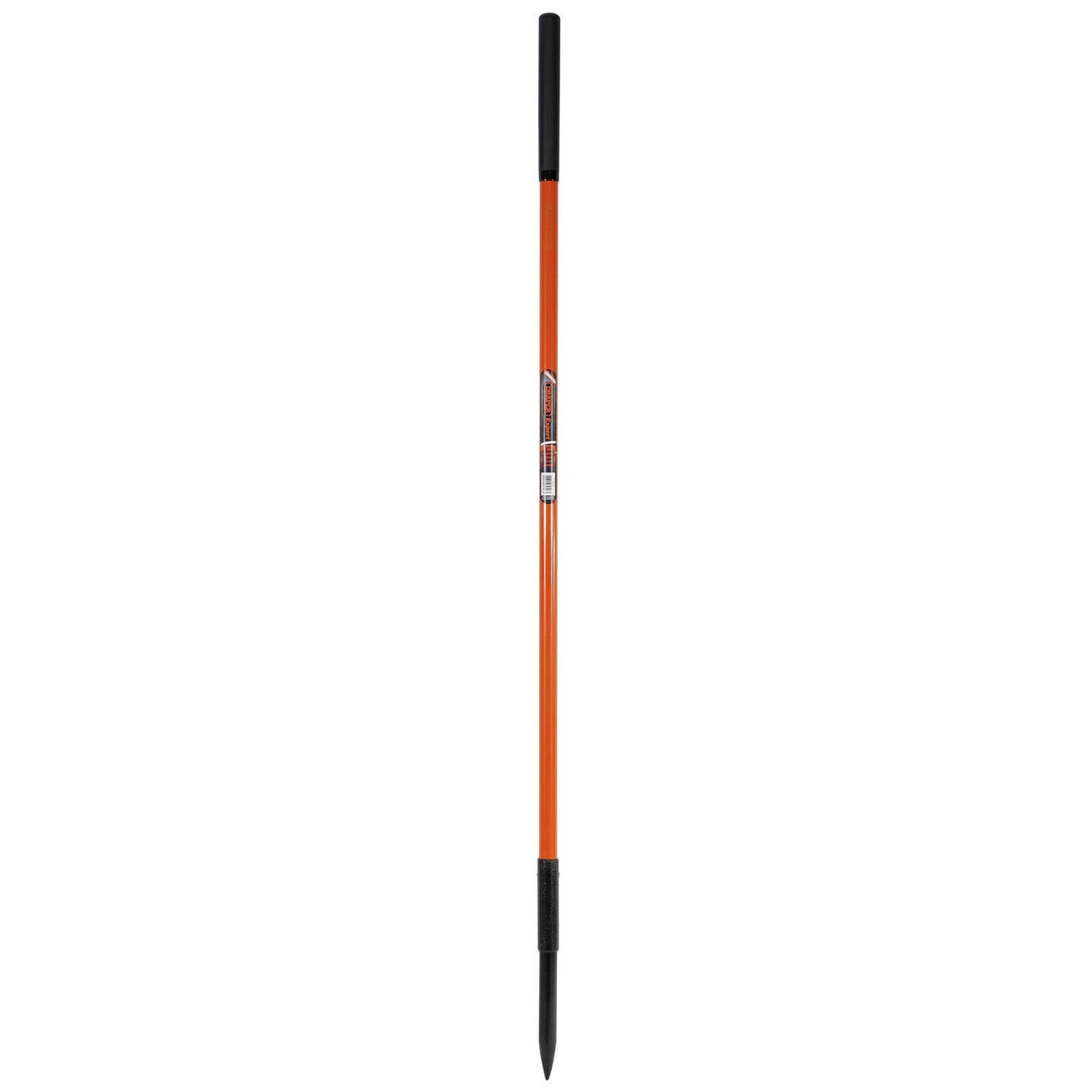 The Draper Expert Fully Insulated Contractors Point End Crowbar - INS/PCB, an orange digging bar with black handles on both ends and a pointed tip, designed for digging and prying, meets the BS8020 standard for live cable safety.