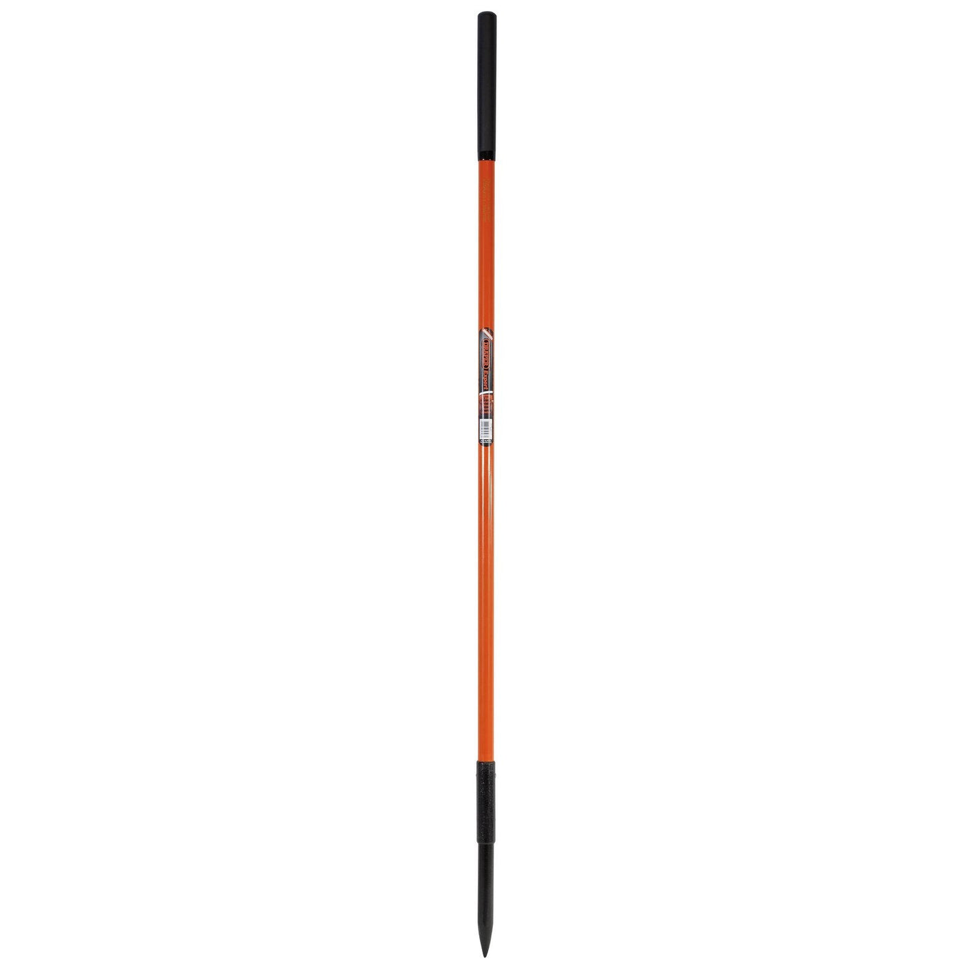 The Draper Expert Fully Insulated Contractors Point End Crowbar - INS/PCB, an orange digging bar with black handles on both ends and a pointed tip, designed for digging and prying, meets the BS8020 standard for live cable safety.