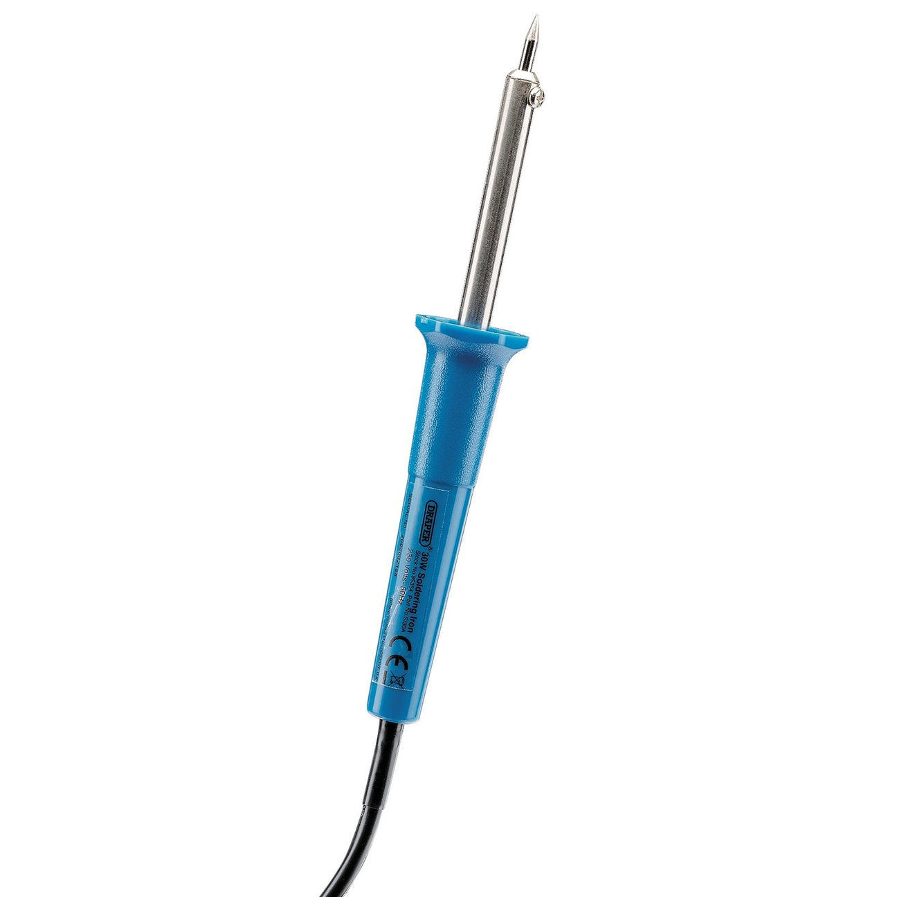 The Draper 230V Soldering Iron, 30W - SI30A features a blue handle, a pointed metal tip, an attached black cord, and comes with a metal stand for added convenience.