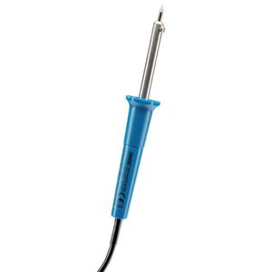 The Draper 230V Soldering Iron, 30W - SI30A features a blue handle, a pointed metal tip, an attached black cord, and comes with a metal stand for added convenience.