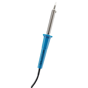 A Draper 230V Soldering Iron, 60W - SI60A with a blue handle and a pointed metal tip, accompanied by a black power cable and a sturdy metal stand.