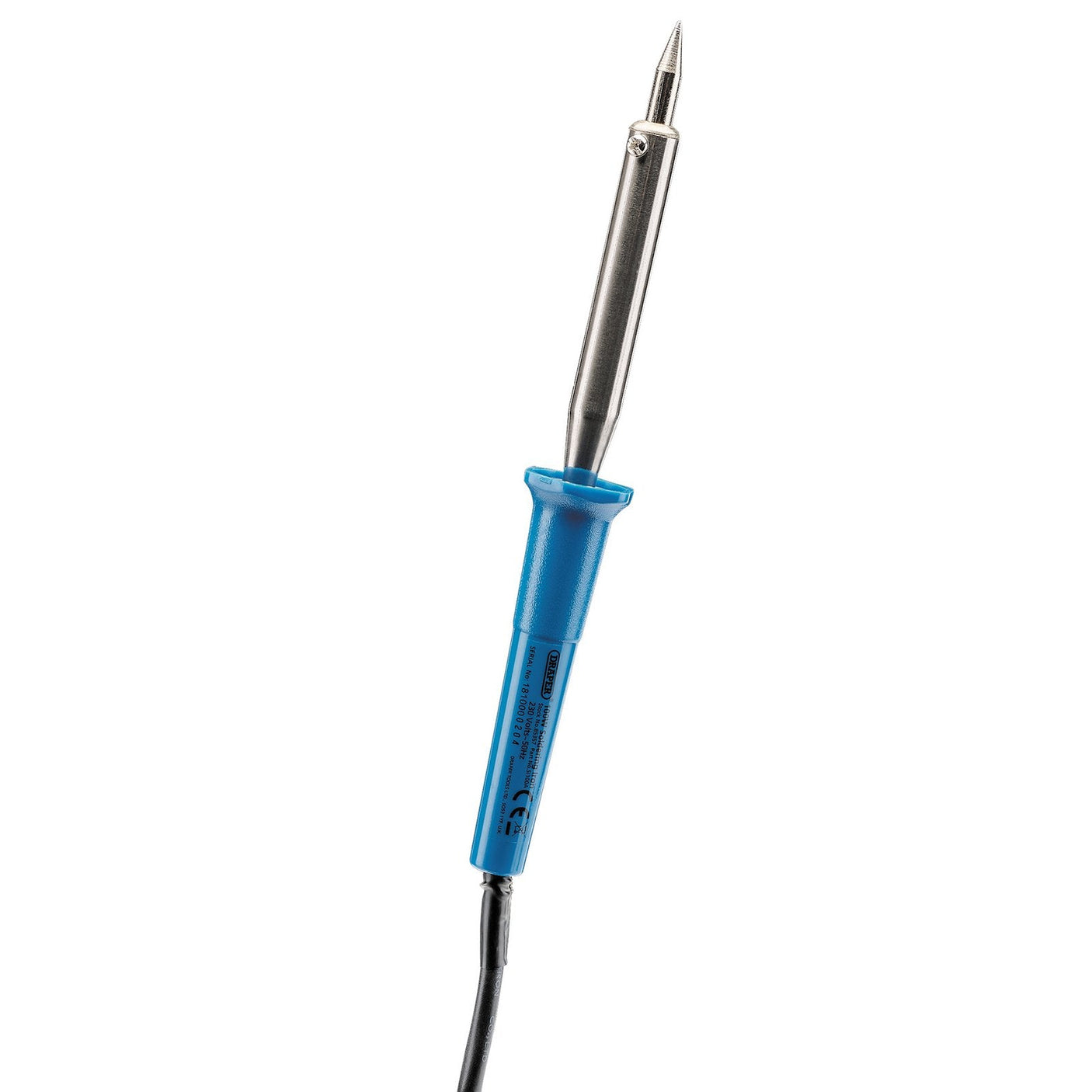 A Draper 230V Soldering Iron, 100W - SI100A, featuring a blue handle, metallic tip, attached power cord, and approved plug.