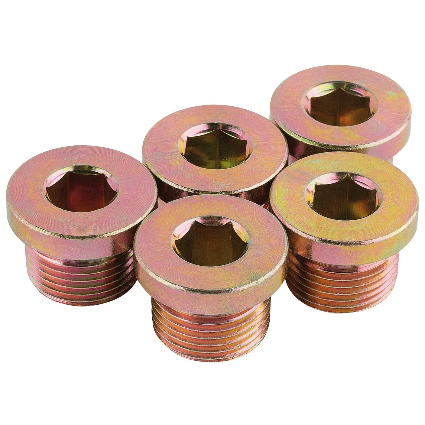 Six Draper Spare Bolt M20 X 1.50 For 36631 - SPRK-02A metallic hex socket pipe plugs, arranged in two rows, featuring an iridescent finish and threaded ends.