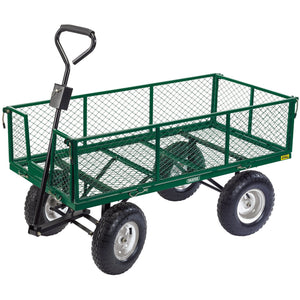 The Draper Heavy Duty Steel Mesh Cart - GMC/450 is a green metal utility wagon that features fold-down sides, four large pneumatic wheels, and a black handle, specifically designed for carrying heavy items.