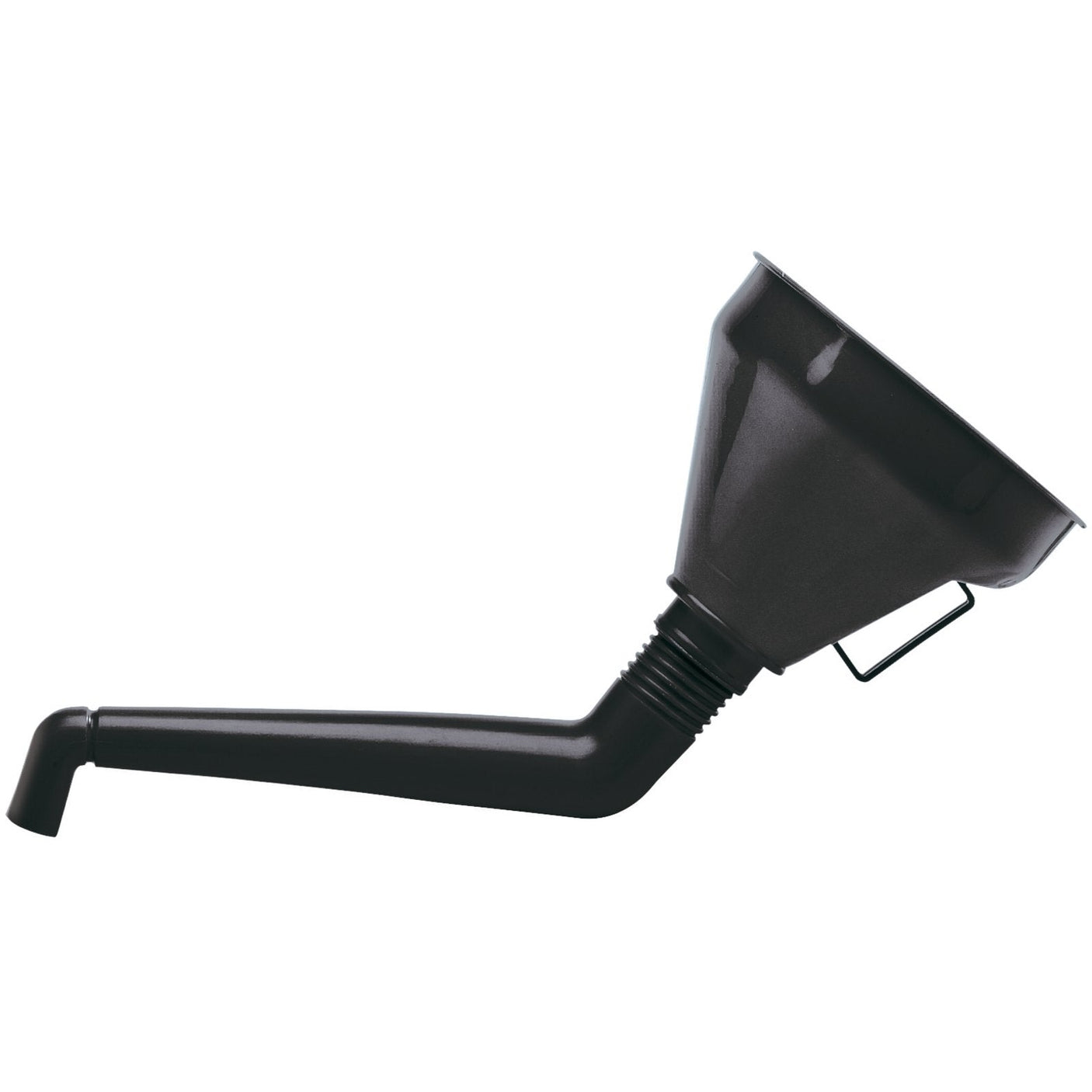 The Draper Angled Funnel - FD45D is a black plastic funnel with a removable spout, featuring a long, angled design and a small metal handle on the upper rim.