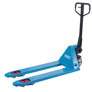 The Draper Pallet Truck, 2.5 Tonne - PT2500-B, featuring a blue body with a black handle and wheels, stands as essential warehouse equipment.