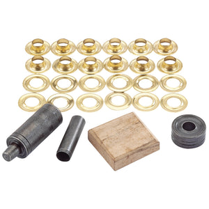 The Draper Eyelet/Grommet Kit - GK12 by Draper is displayed, featuring a comprehensive set for tarpaulin repair that includes 20 brass grommets, washers, a punch tool, a wooden block, and a metal anvil.