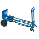 The Draper 3 In 1 Heavy Duty Sack Truck, 300Kg - DST3/T by Draper is a blue metal convertible hand truck with a tubular steel frame, featuring two large wheels with pneumatic tyres, two smaller wheels, a handle, and a flat loading platform.