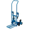 The Draper Heavy Duty Stair Climbing Sack Truck, 150Kg - DSCT/T features a triangular six-wheel design for easier stair navigation, equipped with a high handlebar, solid rubber tyres, and a foldable metal platform for carrying items. This durable hand truck is designed by Draper for reliable performance.