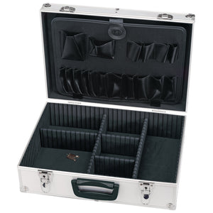 The Draper Aluminium Tool Case - TC9E, by Draper, is an aluminium-effect tool case with lockable catches. It features multiple compartment dividers and pockets on the interior lid, designed for organized storage and transportation.