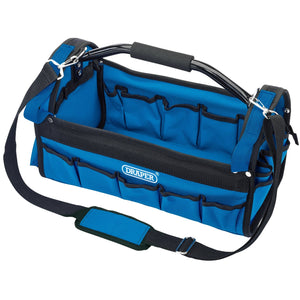 The Draper Tote Tool Bag, 420mm - TTB/B from Draper, features a blue and black design with multiple external pockets, an adjustable shoulder strap, and is made from durable nylon construction.