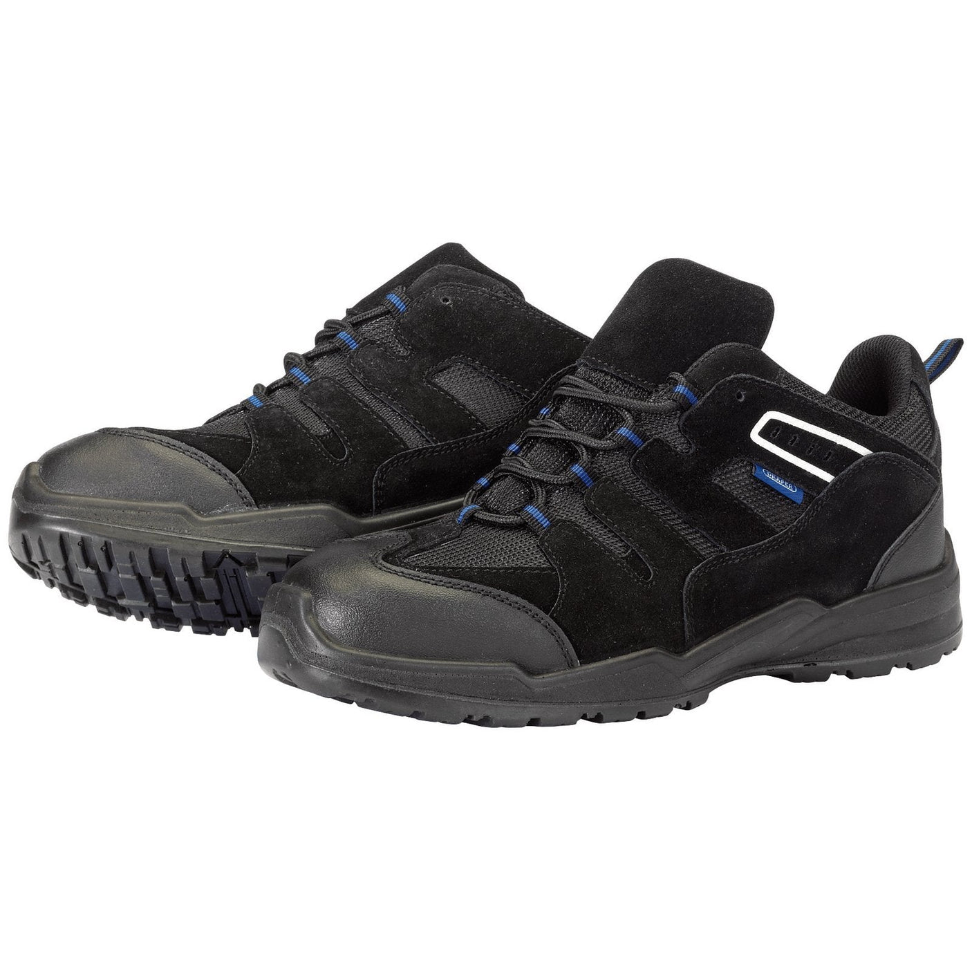 A pair of Draper Trainer Style Safety Shoes in black with blue accents, featuring a rugged sole, suede mesh fabric, and a lace-up design. These are in Size 5, S1 P Src - LWST.