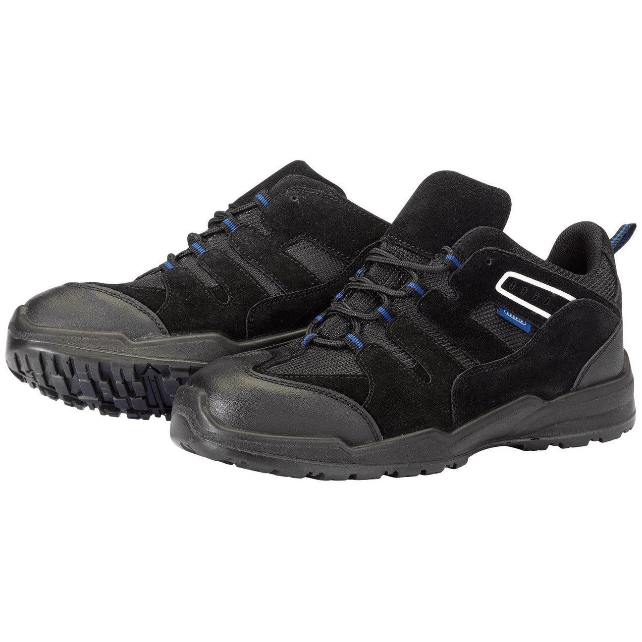 The Draper Trainer Style Safety Shoe, Size 12, S1 P Src - LWST, is a pair of black athletic shoes with blue accents that feature lace-up closures, rubber soles, EVA insoles, and pull tabs at the heel.