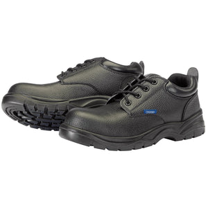 A pair of Draper 100% Non Metallic Composite Safety Shoes, size 5, with black lace-ups, rugged soles, a blue logo on the side, and a composite toecap.