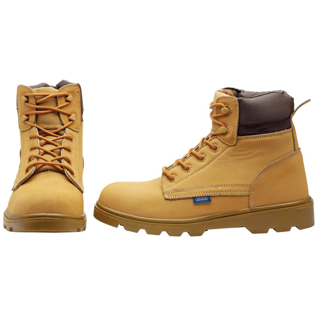 A pair of Draper Nubuck Style Safety Boots - S1 P Src - NUBSB featuring a tan color, laces, a padded collar, and EVA insoles, showcased from various angles against a white background.