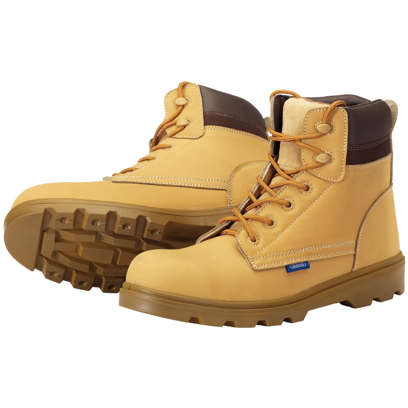 A pair of Draper Nubuck Style Safety Boots - S1 P Src - NUBSB featuring honey nubuck leather, a dark brown padded ankle collar, laces, and rugged rubber soles.