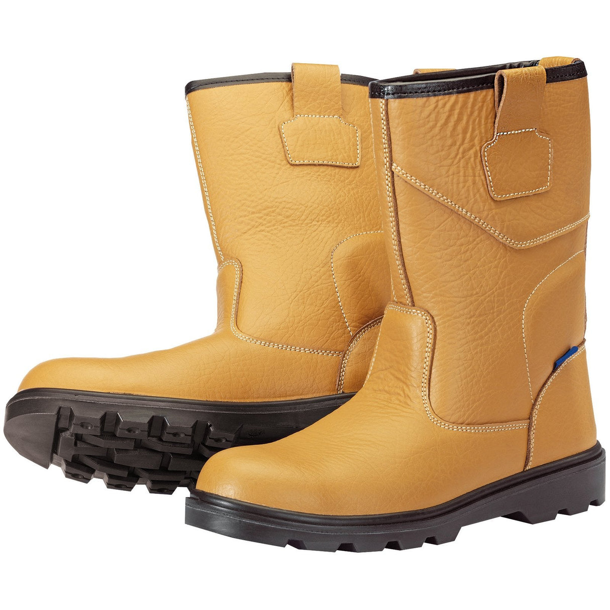 Draper Rigger Style Safety Boots - RIGSB, featuring tan pull-on leather with rugged black soles, EVA insoles, and reinforced stitching, displayed side by side on a white background.