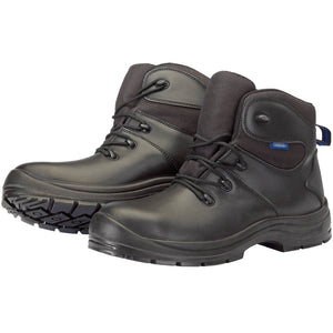 The Draper Waterproof Safety Boots - S3 Src - WPSB are black, heavy-duty work boots that come with steel toecaps and sturdy soles. These boots feature ankle support, a waterproof membrane, laces, and padded collars.