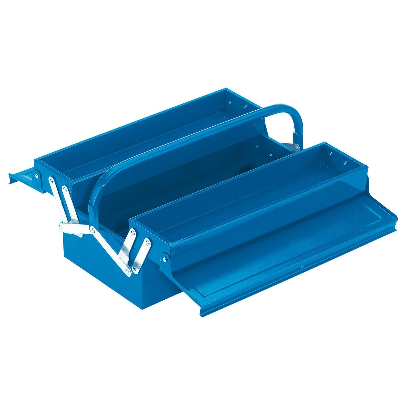 The Draper 2 Tray Cantilever Tool Box, 404mm - TB404B is a blue sheet steel tool box with multiple compartments and a handle, shown in an open position, ready for a padlock.