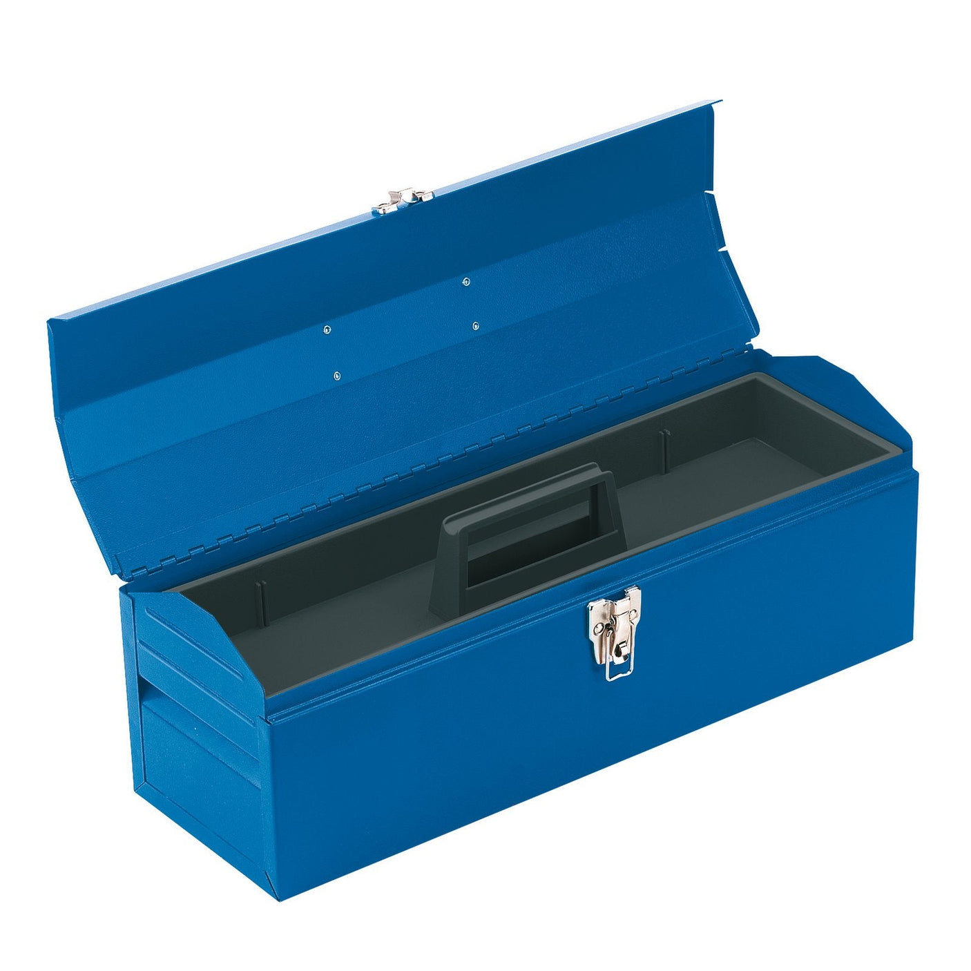 Open the Draper Barn Type Tool Box With Tote Tray, 485mm - TB484 blue sheet steel toolbox with a latch, containing a removable plastic tote tray with a handle inside.