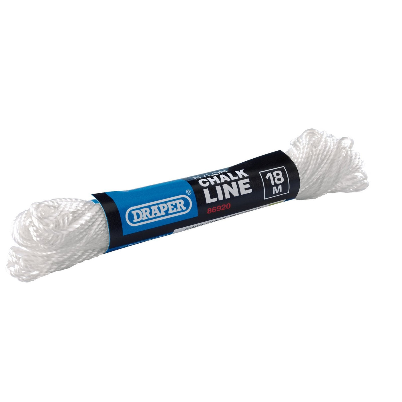 A coiled 18-meter white Draper Nylon Chalk Line (CLN18) with high breaking strain, packaged in Draper branding and labeled with product code 86920, set against a plain white background.