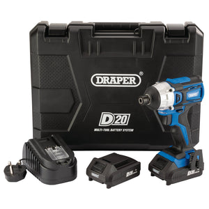 The Draper D20 20V Brushless Impact Driver set features a cordless impact driver with a brushless motor, a charger, two 2.0Ah battery packs, and comes in a black carrying case labeled "D20ID180SET.