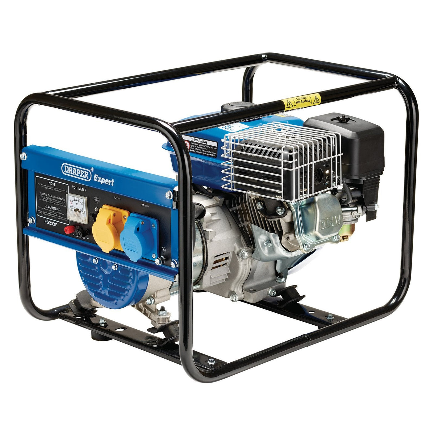 Introducing the Draper Expert Petrol Generator, 2000W - PG252F, a portable power solution from Draper featuring a robust blue and silver petrol engine. This generator offers dual voltage output and is enclosed within a sturdy black metal frame for durability and convenience.