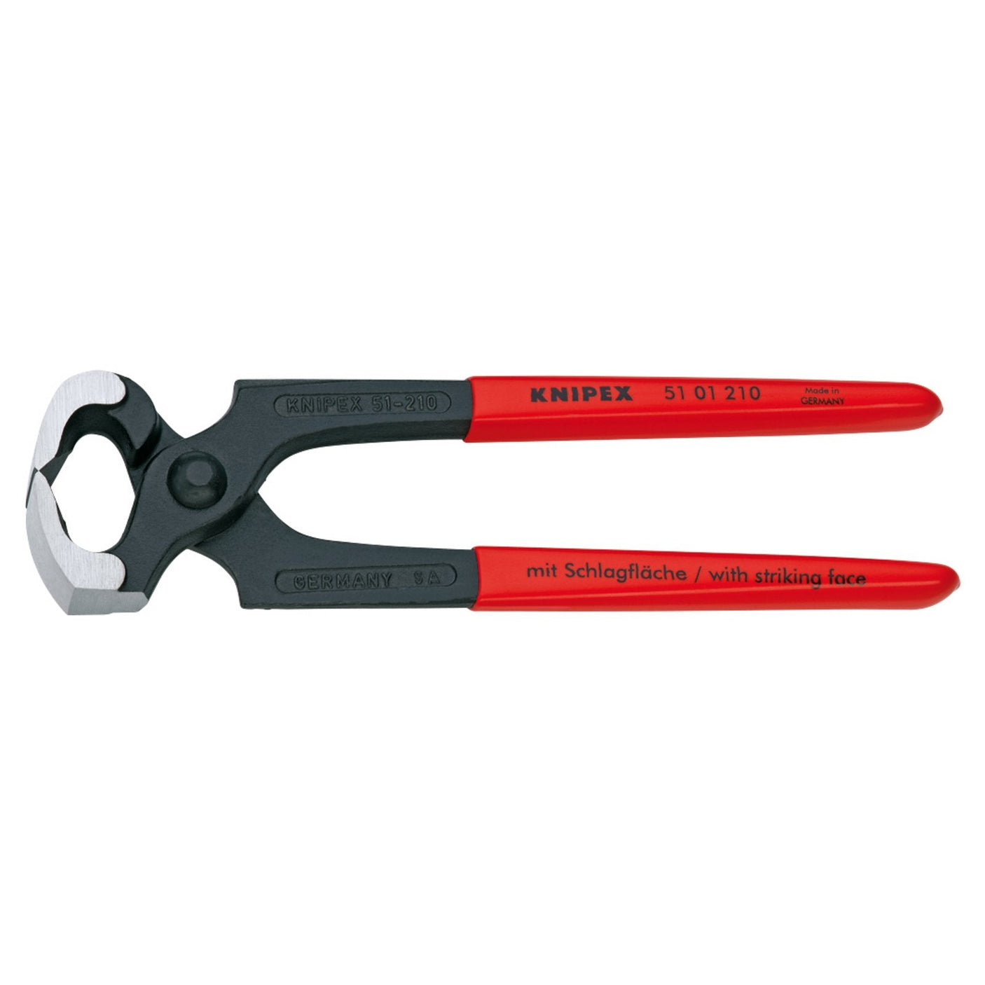 Image of a Draper Knipex 51 01 210 SBE Carpenters Pincer with red handles and black jaws, model number 51 01 210, crafted from special tool steel for professional quality performance and featuring a lower jaw striking face.