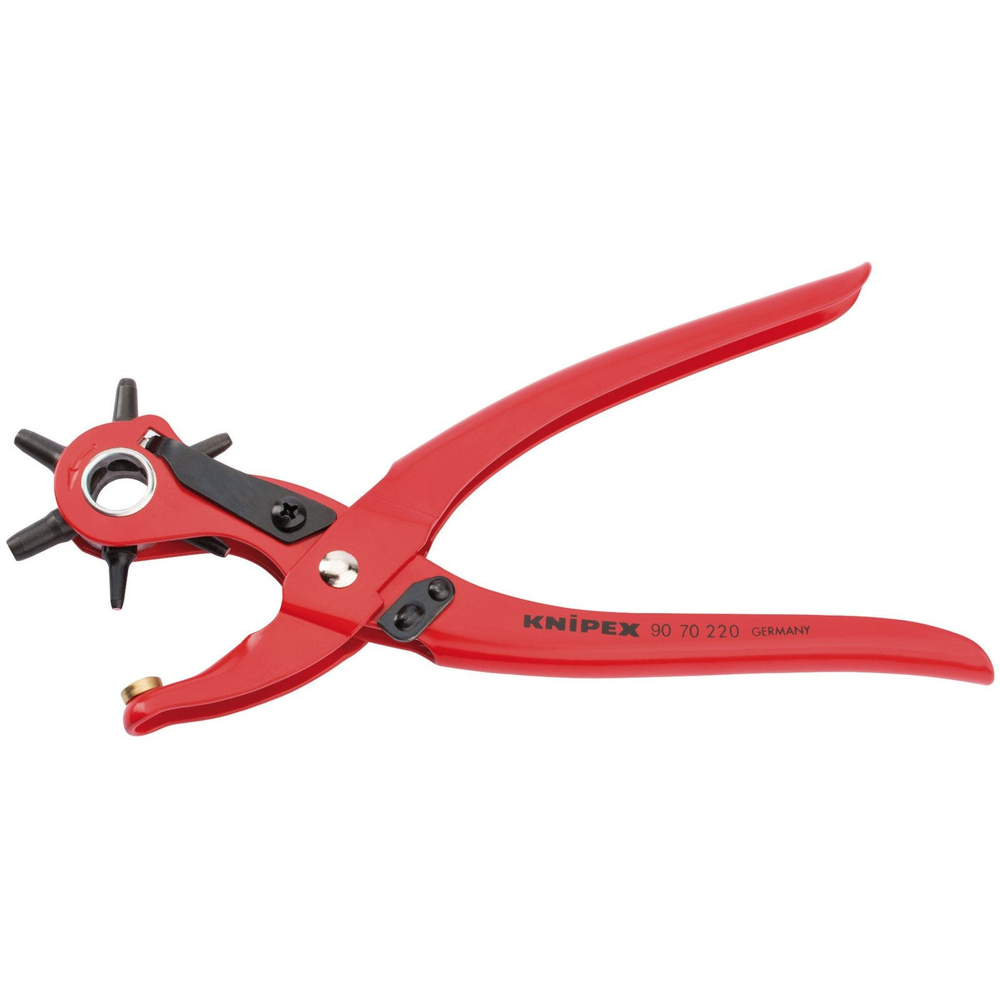 Draper Knipex 90 70 220 Sbe 6 Head Revolving Punch Pliers, featuring a red handle, multiple hole size options, replaceable punches, and a metallic adjustment wheel.