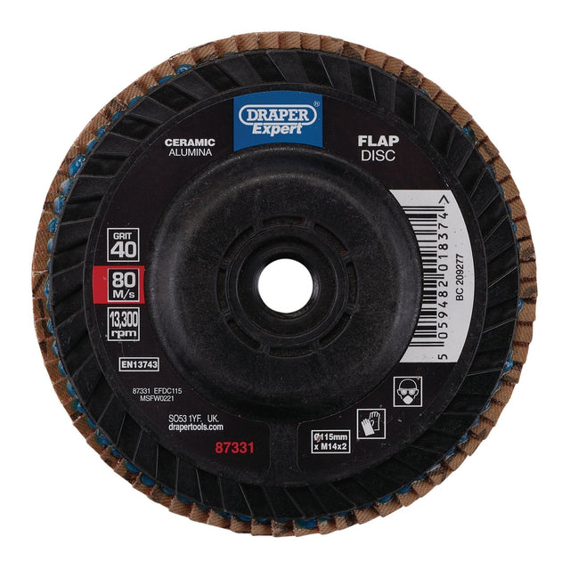 Draper Expert Ceramic Flap Disc, 115mm, M14, 40 Grit - EFDC115 - Farming Parts