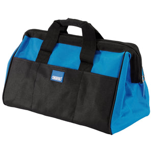 The Draper Tool Bag, 420mm - TBM is a blue and black duffel bag designed with black handles and a zippered top. Made from water-repellent polyester, this durable bag features external and internal pockets, a front pocket, and a small label with text on the front. It’s equipped with robust nylon zippers for secure storage.