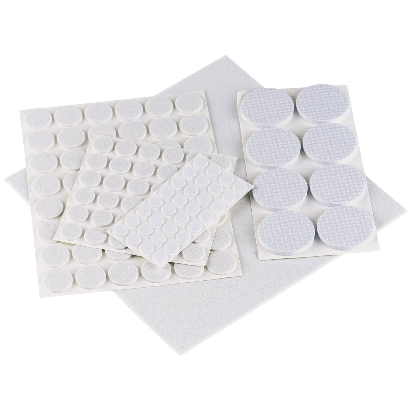 Sheets of the Draper Protective Pad Set (125 Piece) - ADS, featuring adhesive white hook-and-loop fasteners in various sizes and shapes, including circles, rectangles, and squares with an adhesive backing for easy application, are arranged on a white background.