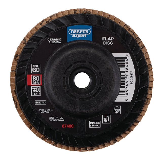 Draper Expert Ceramic Flap Disc, 115mm, M14, 60 Grit - EFDC115 - Farming Parts