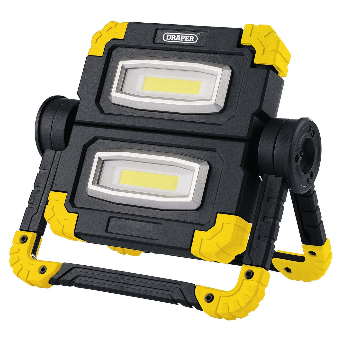 A Draper Twin Cob LED Rechargeable Worklight, RFL/850, with a dual light panel setup on a sturdy 360° pivoting stand, offering an impressive 850 lumen output.