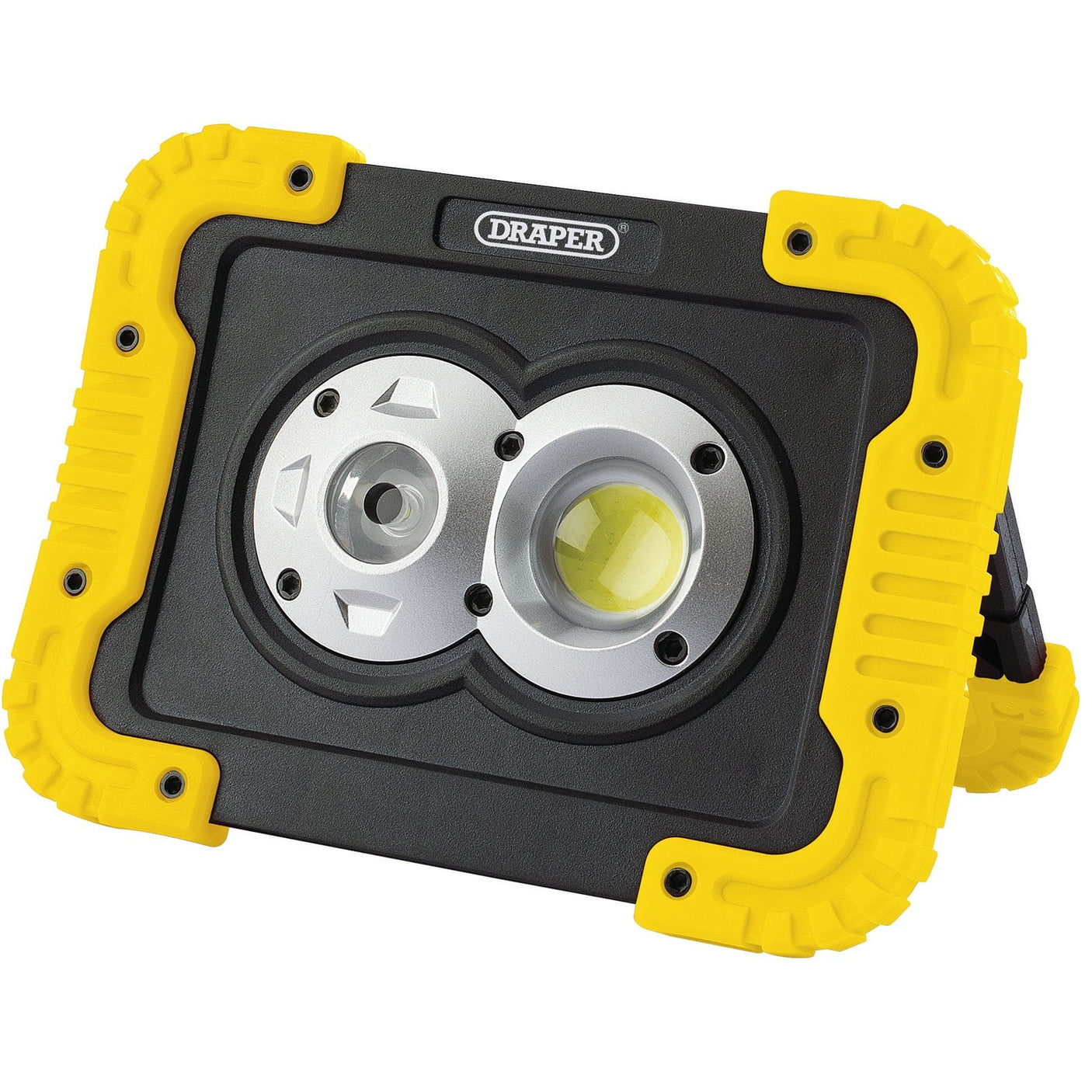 The Draper Cob LED Rechargeable Worklight, featuring a 10W output and producing 750 lumens, comes in yellow and black. It features twin circular lights and a rugged frame.