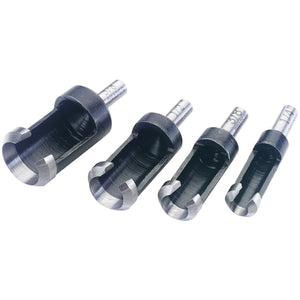 Four Draper Plug Cutting Set (4 Piece) - 4PC in black and silver, each with a cylindrical body and serrated cutting edge, arranged diagonally. Ideal for creating recessed fixing holes for wooden plugs.