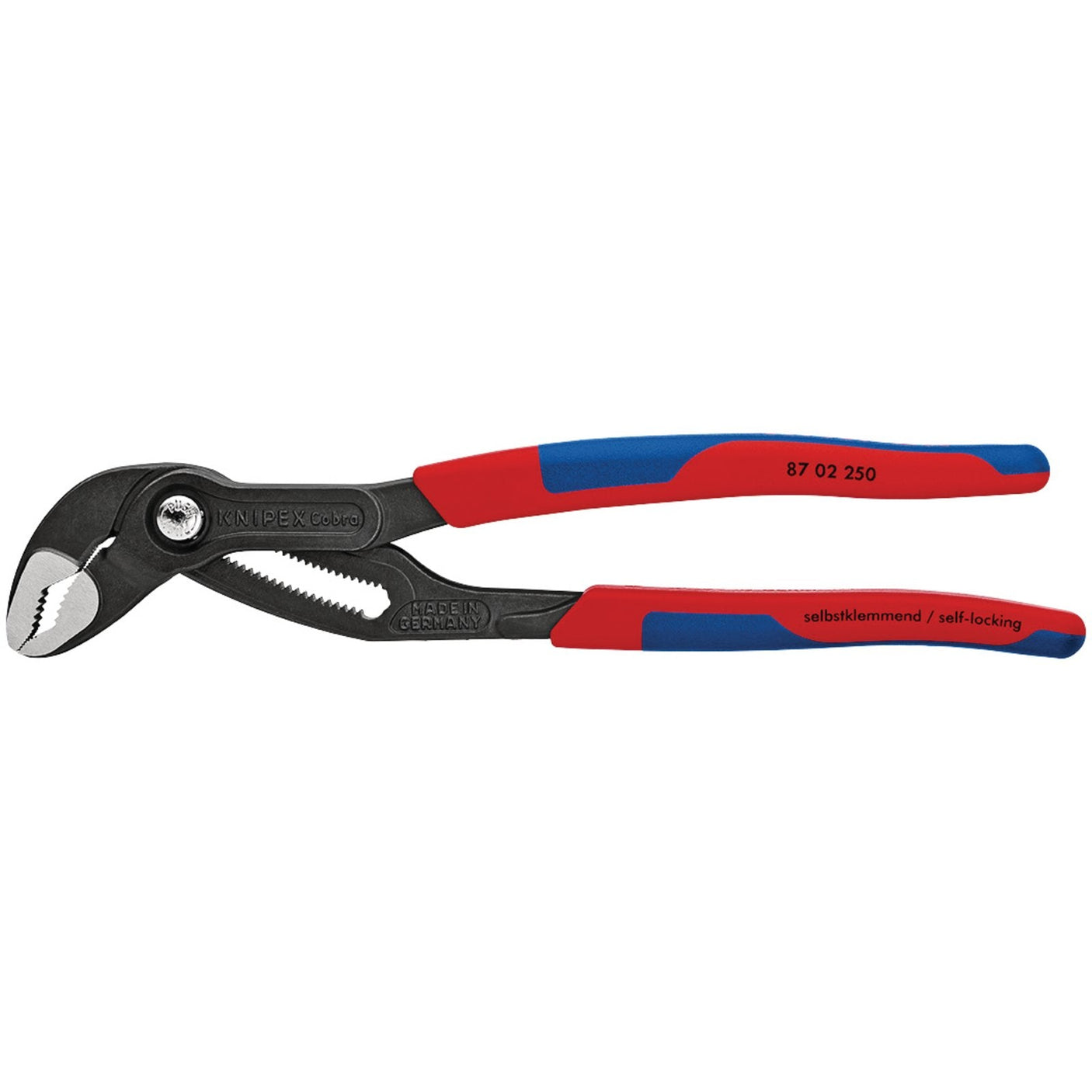 The Draper Knipex Cobra® 87 02 250Sb Waterpump Pliers, measuring 250mm, feature red and blue handles, serrated jaws, hardened teeth, a locking mechanism, and are crafted from durable chrome vanadium electric steel with the brand name Draper inscribed on the tool.