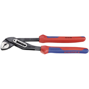 Red and blue-handled Draper Knipex Cobra® water pump pliers with an adjustable jaw, labeled 87 02 300 SB, featuring chrome vanadium for durability.