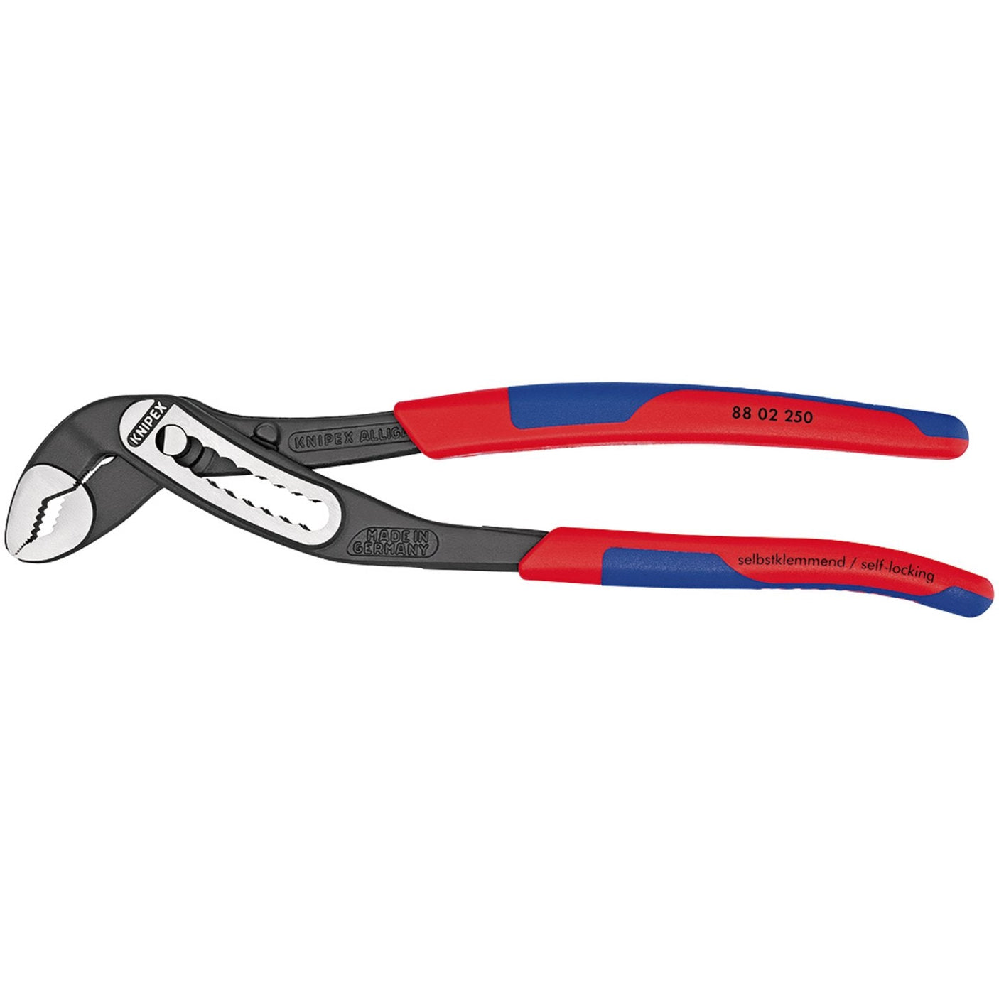 The Draper Knipex Alligator® 88 02 250 Waterpump Pliers, measuring 250mm and engraved with "88 02 250," come equipped with red and blue handles, a curved jaw, slip guards, and are constructed from chrome vanadium steel. These pliers feature self-locking functionality and hardened teeth for extra durability.