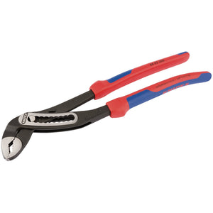 The Draper Knipex Alligator® 88 02 300 Waterpump Pliers, 300mm - 88 02 300, features heavy-duty moulded handles in red and blue and a fine nine-position adjustment for gripping and turning objects. These pliers are crafted from chrome vanadium electric steel for enhanced durability.